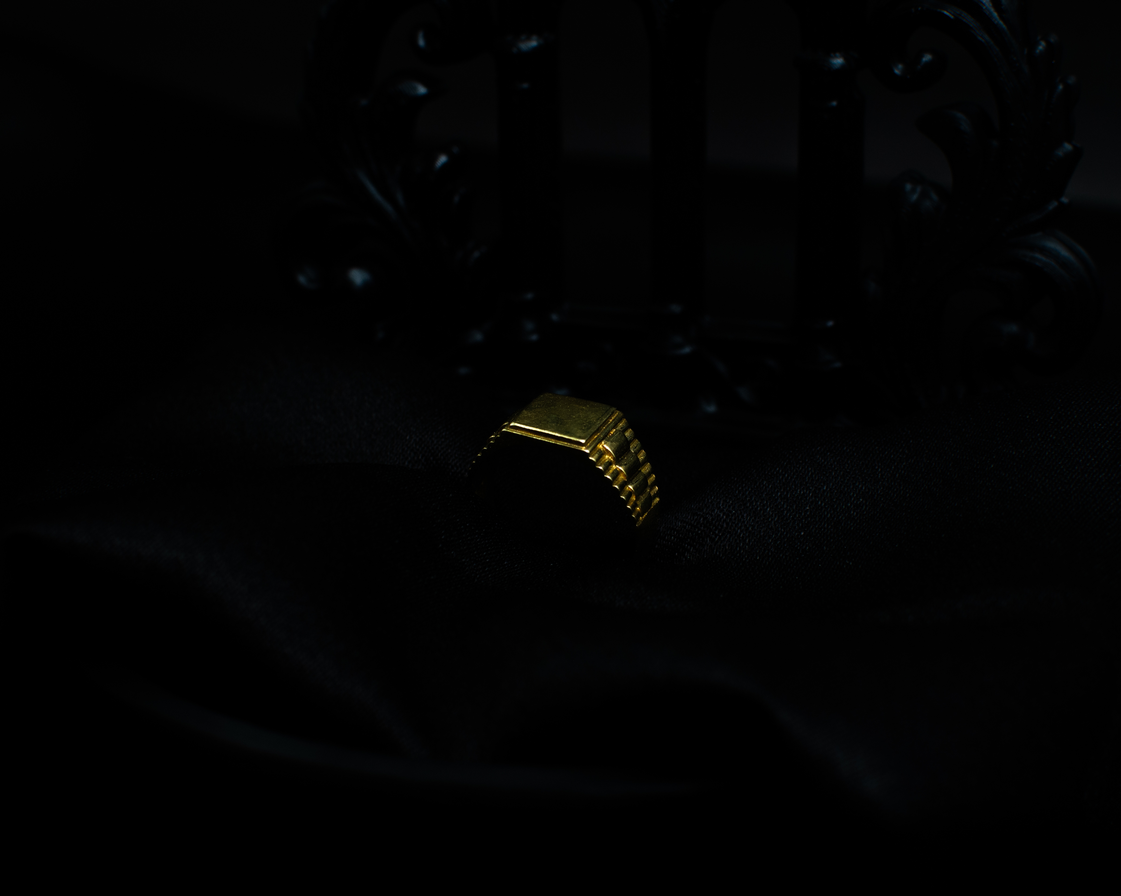 Gold Signet Ring 3 support view on black satin