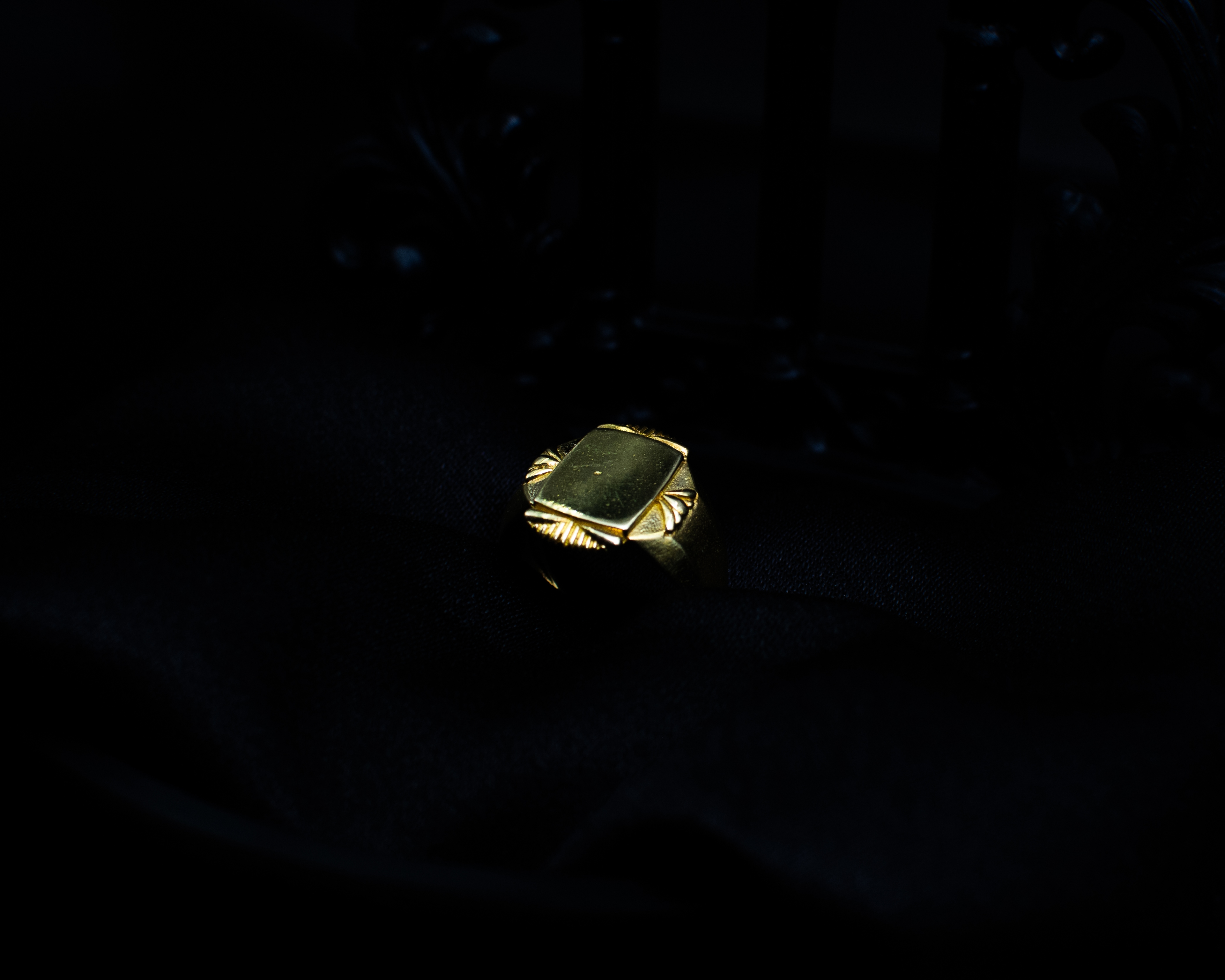 Gold Signet Ring 4 support view on black satin