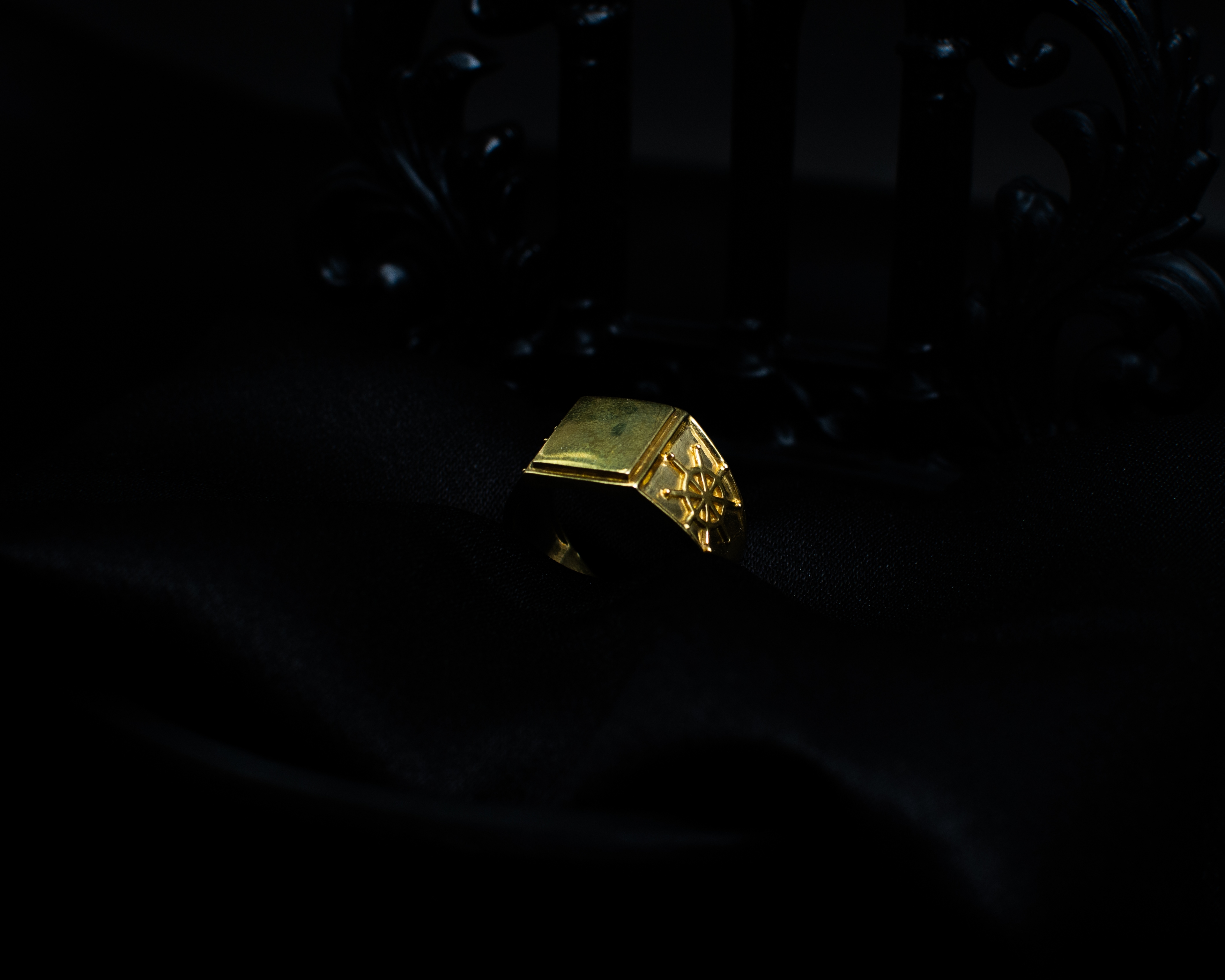 Gold Signet Ring 5 support view on black satin