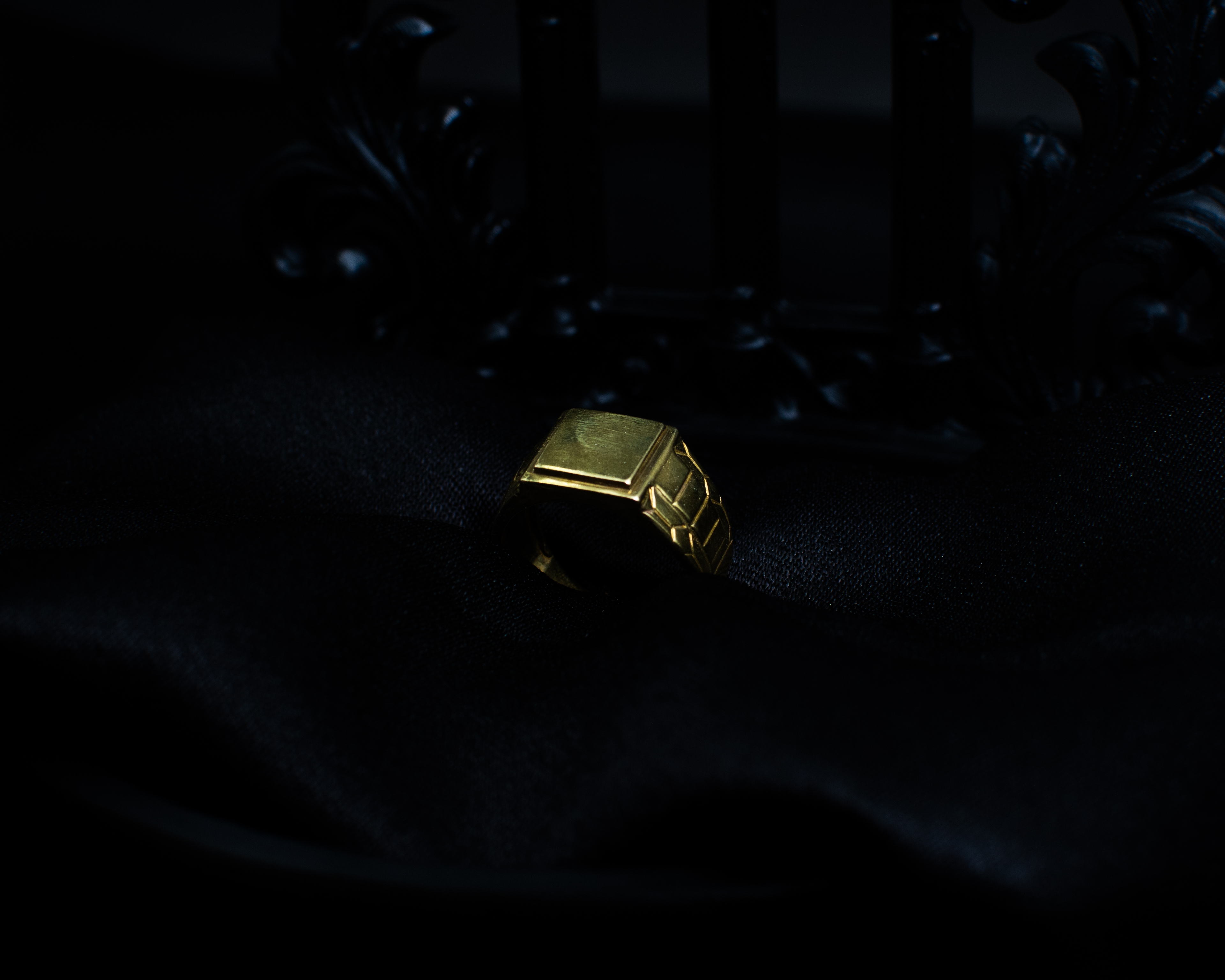 Gold Signet Ring 6 support view on black satin