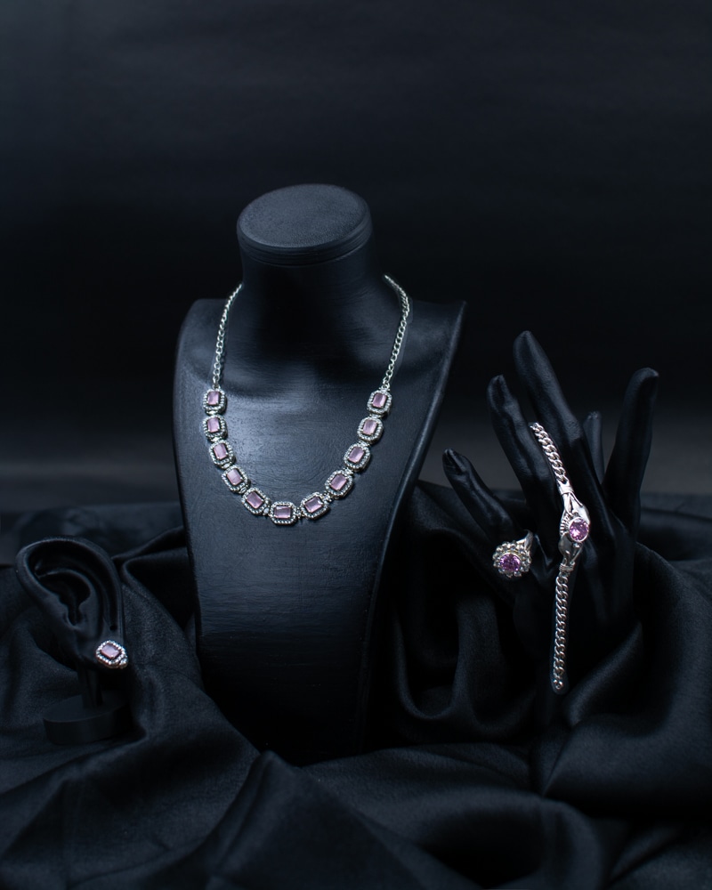 Purple Set necklace, ring, bracelet, and earring jewelry display