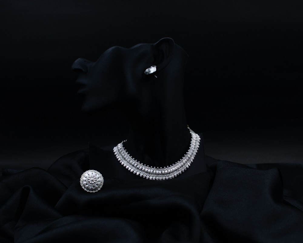 Silichung necklace, ring, and earring set on black display